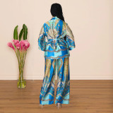 Casual Printed Sashes Top Wide Leg Pants 2 Piece Sets YF-10171