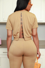 Solid Short Sleeve Zipper Two Piece Pants Sets LUO-3565