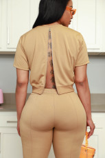 Solid Short Sleeve Zipper Two Piece Pants Sets LUO-3565