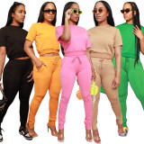 Solid Short Sleeve Zipper Two Piece Pants Sets LUO-3565