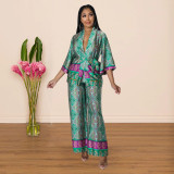 Casual Printed Sashes Top Wide Leg Pants 2 Piece Sets YF-10171