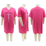 Plus Size Letter Print V Neck Loose Midi Dress HNIF-017