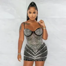 Plus Size Hot Drilling Spaghetti Strap Night Club Dress NY-2520