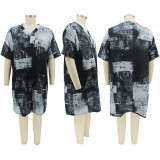Plus Size Letter Print V Neck Loose Midi Dress HNIF-017