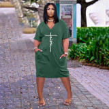 Plus Size Letter Print V Neck Loose Midi Dress HNIF-017