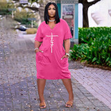Plus Size Letter Print V Neck Loose Midi Dress HNIF-017