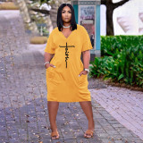 Plus Size Letter Print V Neck Loose Midi Dress HNIF-017