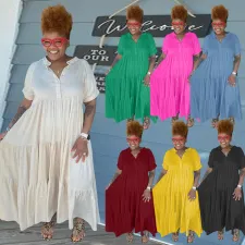 Plus Size Solid Short Sleeve Maxi Dress WAF-77482