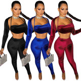 Solid Long Sleeves Halter 3 Piece Pants Sets TE-4455