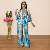 Casual Printed Sashes Top Wide Leg Pants 2 Piece Sets YF-10171