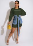 Denim Patchwork Embroidery Letter Belted Mini Dress MEM-88449