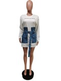 Denim Patchwork Embroidery Letter Belted Mini Dress MEM-88449