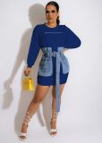 Denim Patchwork Embroidery Letter Belted Mini Dress MEM-88449