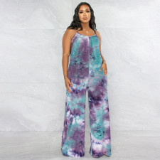 Plus Size Tie Dye Print Sling Loose Jumpsuit OSIF-22403