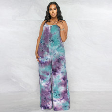 Plus Size Tie Dye Print Sling Loose Jumpsuit OSIF-22403