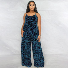 Plus Size Leopard Print Wide Leg Jumpsuit OSIF-22405