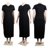 Plus Size Solid V Neck Short Sleeve Pockets Maxi Dress NY-2373