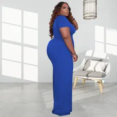 Plus Size Solid Short Sleeve Jumpsuit OSIF-20722