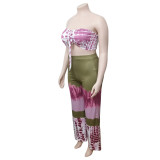 Plus Size Sexy Printed Wrap Chest Two Piece Pants Sets ONY-7015
