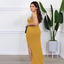 Plus Size Solid Split Sleeveless Sling Maxi Dress OSIF-22263