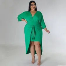 Plus Size Solid V Neck Irregular Long Dress NNWF-7584