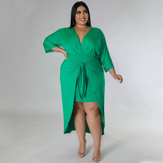 Plus Size Solid V Neck Irregular Long Dress NNWF-7584