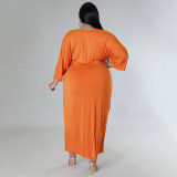 Plus Size Solid V Neck Irregular Long Dress NNWF-7584