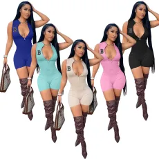 Sexy Ribbed Sleeveless Zipper Tight Romper XMF-138