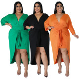 Plus Size Solid V Neck Irregular Long Dress NNWF-7584