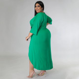 Plus Size Solid V Neck Irregular Long Dress NNWF-7584