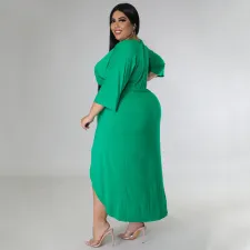 Plus Size Solid V Neck Irregular Long Dress NNWF-7584