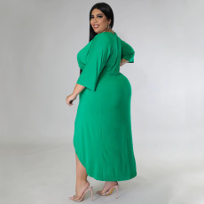 Plus Size Solid V Neck Irregular Long Dress NNWF-7584