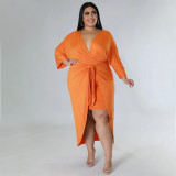 Plus Size Solid V Neck Irregular Long Dress NNWF-7584