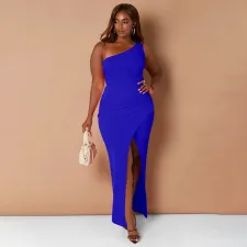 Plus Size Solid One Shoulder Split Maxi Dress YF-10183