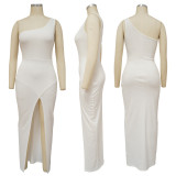 Plus Size Solid One Shoulder Split Maxi Dress YF-10183