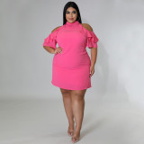 Plus Size Solid Ruffled Cold Shoulder Mini Dress NNWF-7528