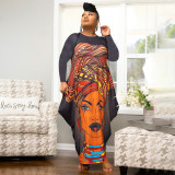 Plus Size Printed Long Sleeve Loose Maxi Dress NNWF-7581