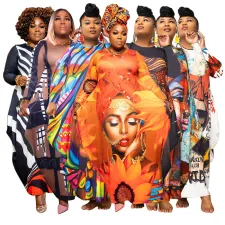Plus Size Printed Long Sleeve Loose Maxi Dress NNWF-7581