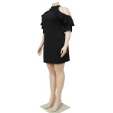 Plus Size Solid Ruffled Cold Shoulder Mini Dress NNWF-7528