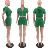 Solid Hooded Zipper Two Piece Shorts Sets FNN-8685