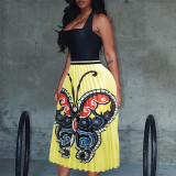 Butterfly Print Pleated Long Skirt (Without Top)OMY-81034