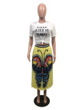 Butterfly Print Pleated Long Skirt (Without Top)OMY-81034