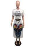 Butterfly Print Pleated Long Skirt (Without Top)OMY-81034