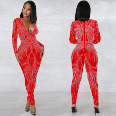 Sexy Hot Drilling V Neck Long Sleeve Jumpsuit BY-5885