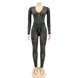 Sexy Hot Drilling V Neck Long Sleeve Jumpsuit BY-5885