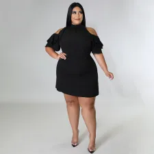 Plus Size Solid Ruffled Cold Shoulder Mini Dress NNWF-7528