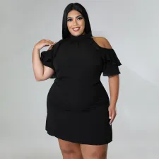 Plus Size Solid Ruffled Cold Shoulder Mini Dress NNWF-7528