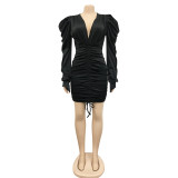 Solid Long Sleeve V Neck Ruched Bodycon Dress BY-5893