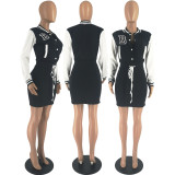 Letter Long Sleeve Patchwork Baseball Dress FOSF-8311