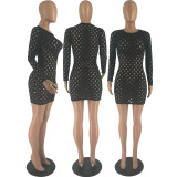Sexy Hole Hollow Long Sleeve Slim Mini Dress FOSF-8312